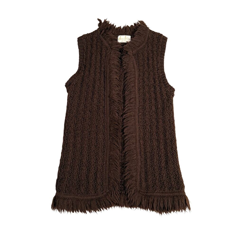 Vintage 60s Ann Arbor Brown Wool Fringe Knit Vest Boho Hippie Made in USA XS